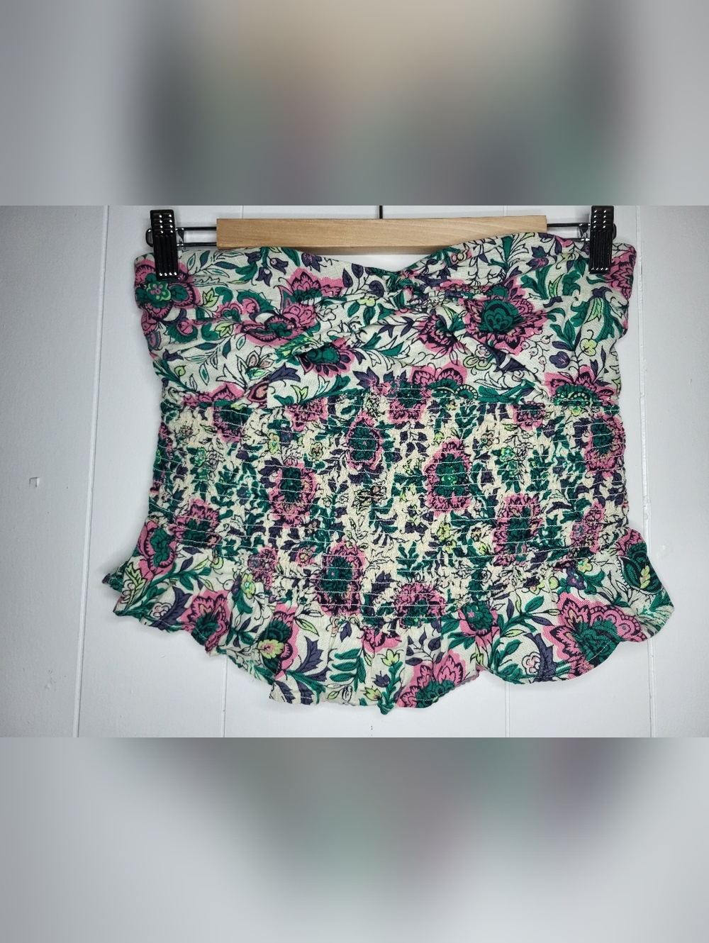 Free People Floral Smocked Strapless Top in Pink, Teal & Navy